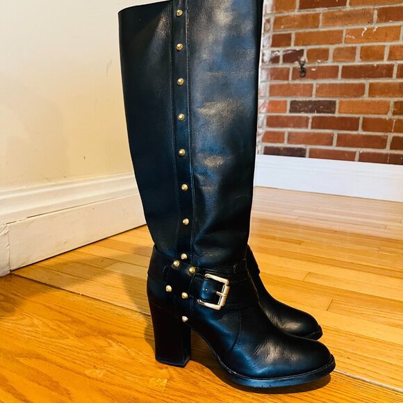 MICHAEL KORS BLACK LEATHER KNEE HIGH BOOTS WITH BUCKLE & RIVETS SZ 8 M - Picture 8 of 16